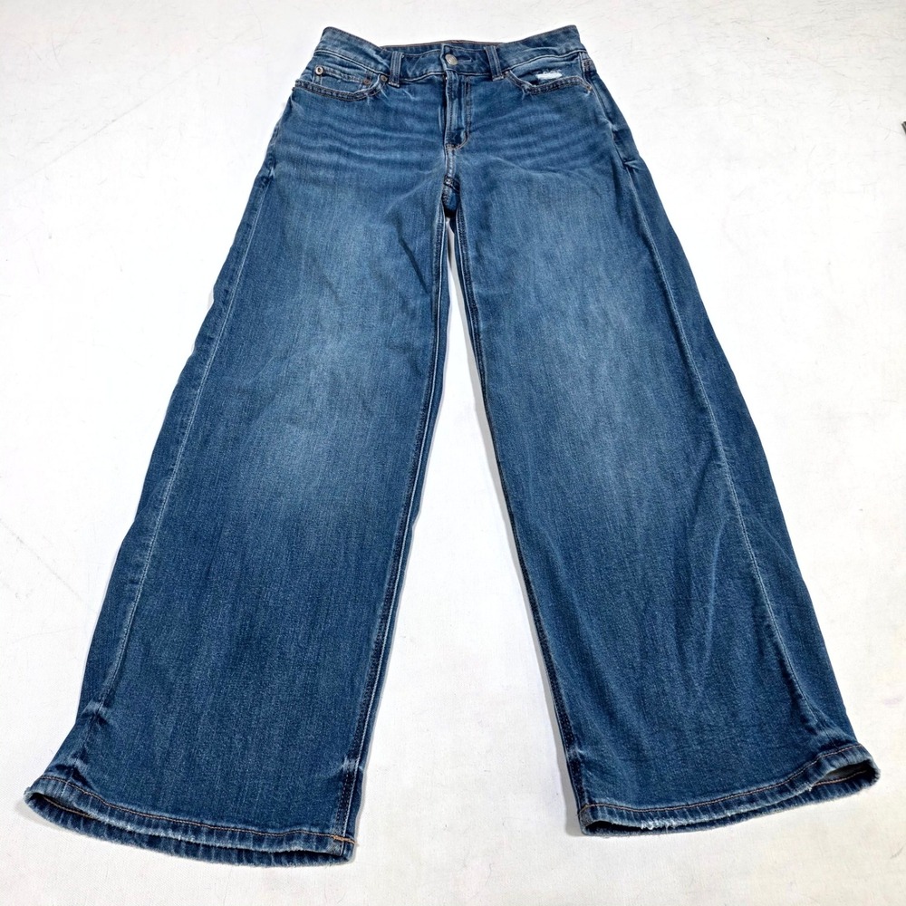 American Eagle Wide Leg Jeans Womens 00 Short Blue Distressed High Rise Baggy